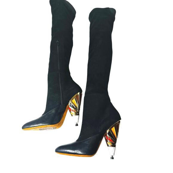 Givenchy Black Leather Suede OTK Boots 38.5 Over The Knee Printed Heel - Picture 8 of 15